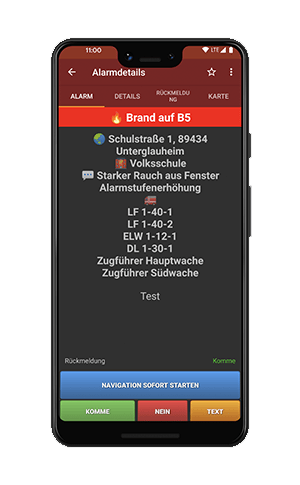 Screenshot der Einsatz-App aPager auf einem Android-Gerät mit Alarmmeldung „Brand auf B5“ in Unterglauheim. Der Einsatzort ist eine Schule, mit der Zusatzinfo „Starker Rauch aus Fenster“. Die Fahrzeugliste und Führungsstruktur sind sichtbar.
