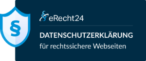 Logo von eRecht24 mit einem blauen Schild-Symbol und dem Text: ‚Datenschutzerklärung für rechtssichere Webseiten‘.