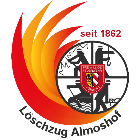 Logo der Freiwilligen Feuerwehr Nürnberg, Löschzug Almoshof. In der Mitte das Stadtwappen mit rotem Hintergrund, umgeben von Feuerwehrsymbolen und stilisierten Flammen. Oben steht seit 1862.