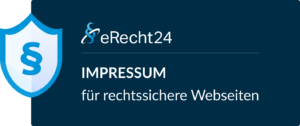 Logo von eRecht24 mit einem blauen Schild-Symbol und dem Text Impressum für rechtssichere Webseiten