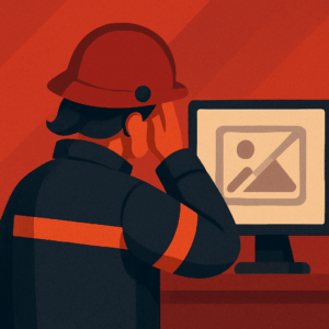 Ein stilisiertes, quadratisches Illustrationsbild zeigt einen Feuerwehrmann von hinten, der mit der rechten Hand nachdenklich an seinem Helm kratzt. Er steht vor einem Monitor, auf dem ein Platzhaltersymbol für ein fehlendes Bild zu sehen ist – ein durchgestrichenes Bild-Icon. Der Hintergrund ist in Rottönen gehalten, die Figur trägt eine dunkelblaue Einsatzjacke mit roten Streifen.