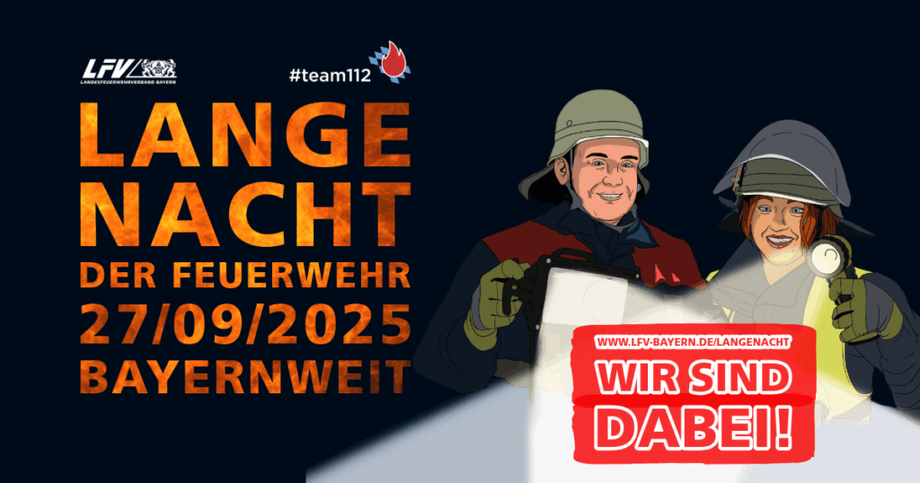 Banner zur Langen Nacht der Feuerwehr am 27.09.2025 in Bayern mit dem Schriftzug „Wir sind dabei!“ und zwei gezeichneten Feuerwehrkräften.