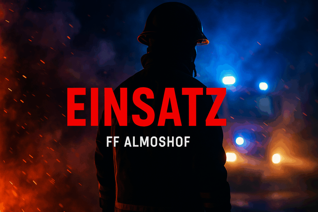 Silhouette eines Feuerwehrmanns vor blauem Blaulicht und orangefarbenem Rauch. Im Vordergrund steht in kräftigen roten Buchstaben das Wort „EINSATZ“, darunter der dezente Schriftzug „FF Almoshof“. Dynamisches, modernes Einsatzmotiv ohne erkennbare Personen oder reale Einsatzszene.