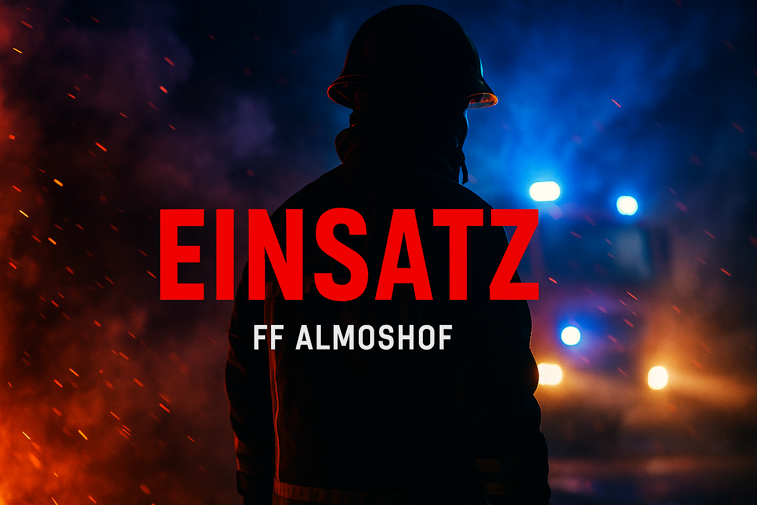 Silhouette eines Feuerwehrmanns vor blauem Blaulicht und orangefarbenem Rauch. Im Vordergrund steht in kräftigen roten Buchstaben das Wort „EINSATZ“, darunter der dezente Schriftzug „FF Almoshof“. Dynamisches, modernes Einsatzmotiv ohne erkennbare Personen oder reale Einsatzszene.