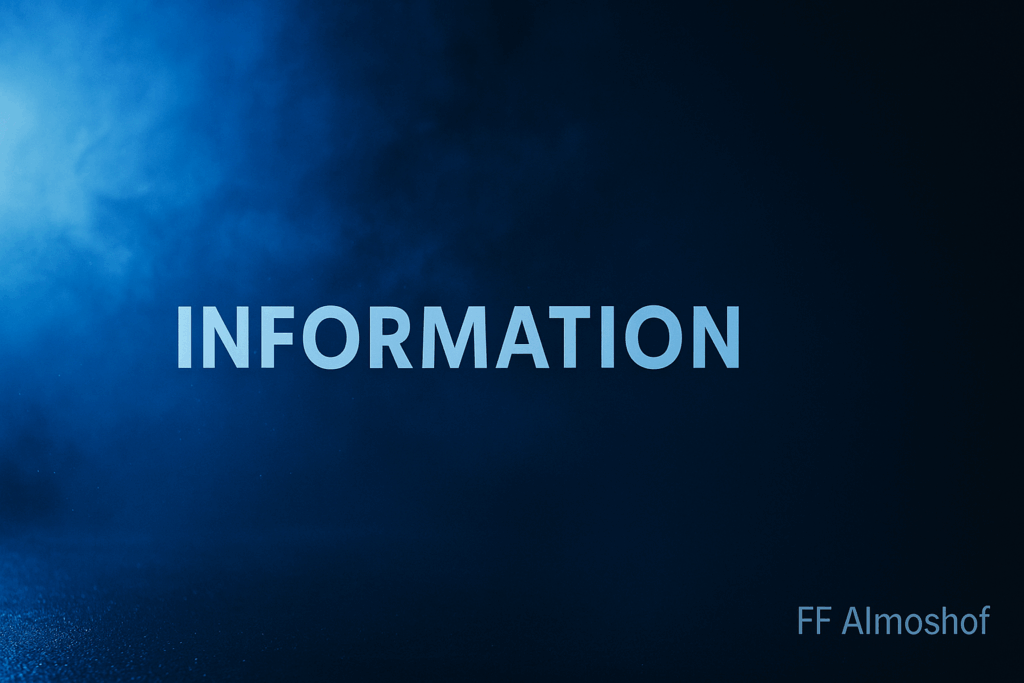 Blau beleuchtete Szene mit leichtem Rauch und Reflexion auf nassem Boden. Auf der linken Seite helles Blaulicht, rechts dunkelblauer Verlauf. In der Mitte steht der Schriftzug „INFORMATION“, unten rechts dezent „FF Almoshof“. Modernes, ruhiges Beitragsbild im Feuerwehrstil.