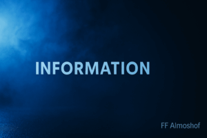 Blau beleuchtete Szene mit leichtem Rauch und Reflexion auf nassem Boden. Auf der linken Seite helles Blaulicht, rechts dunkelblauer Verlauf. In der Mitte steht der Schriftzug „INFORMATION“, unten rechts dezent „FF Almoshof“. Modernes, ruhiges Beitragsbild im Feuerwehrstil.