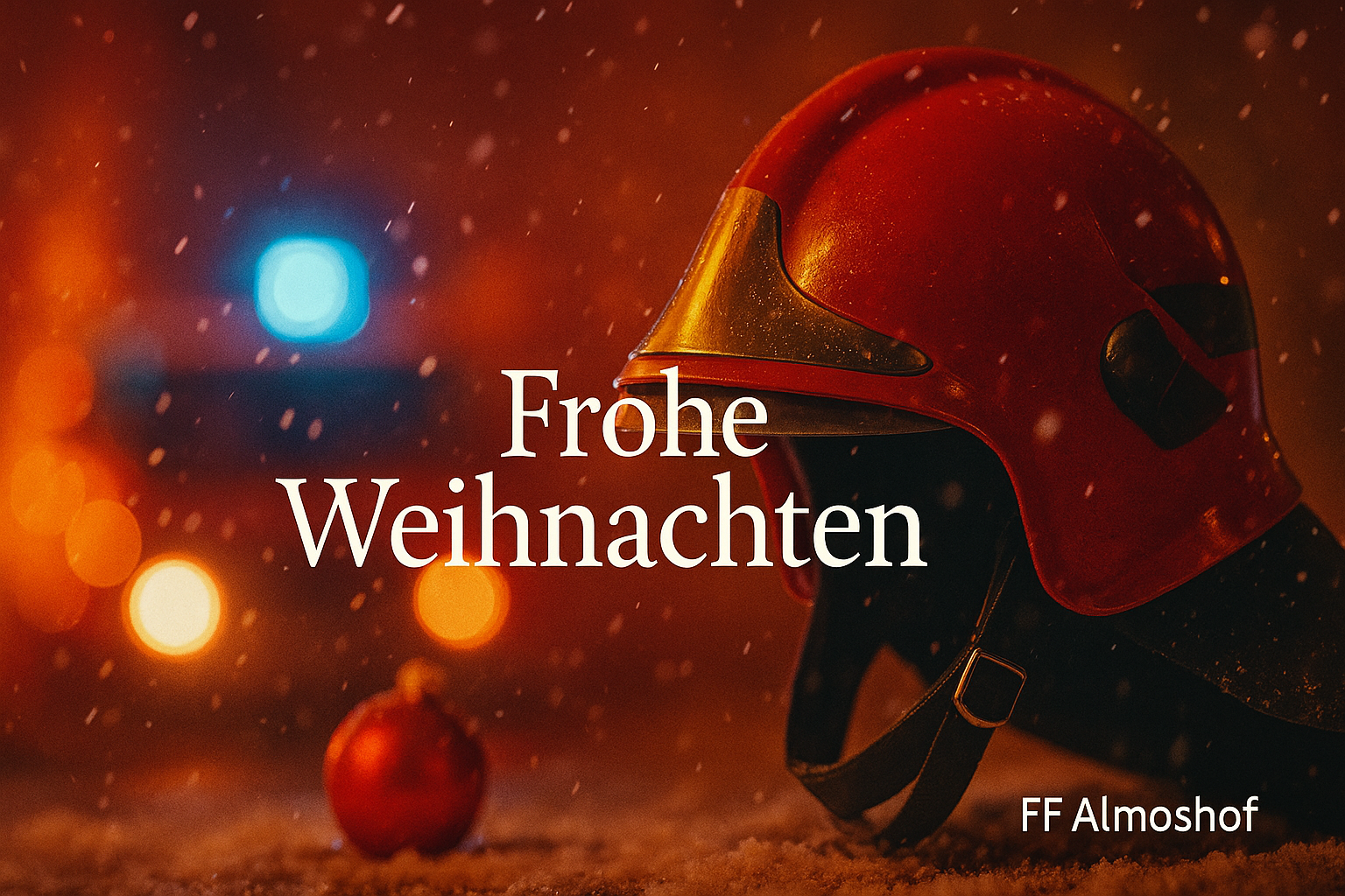 Roter Feuerwehrhelm liegt im Schnee, im Hintergrund leuchtet ein blaues Blaulicht in warmer, festlicher Atmosphäre. Schneeflocken fallen sanft, im Vordergrund steht eine rote Christbaumkugel. In der Mitte der Schriftzug „Frohe Weihnachten“, unten rechts dezent „FF Almoshof“.