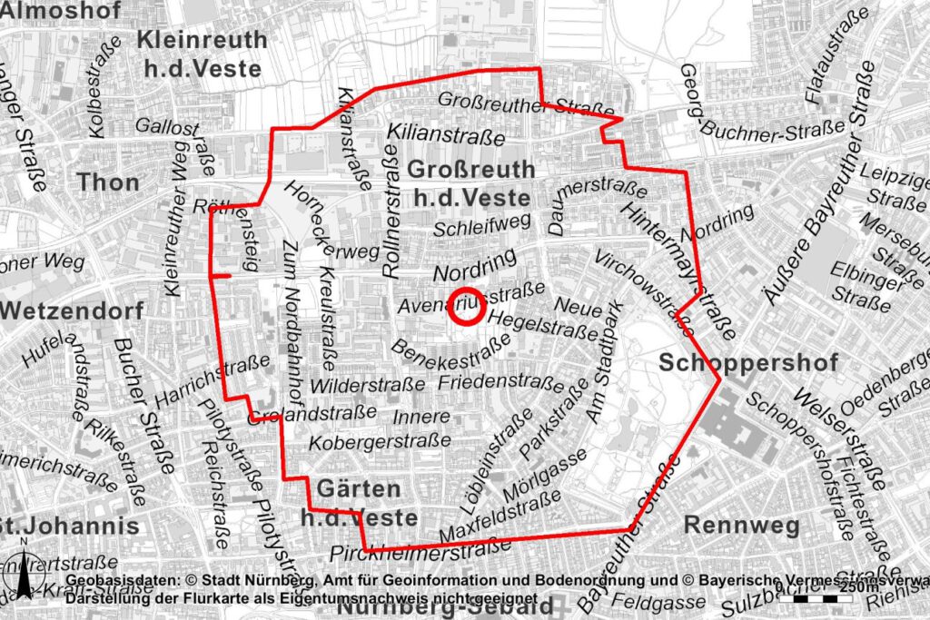 Evakuierungsradius zum Fund einer Fliegerbombe in der Avenariusstraße am 14. November 2025.