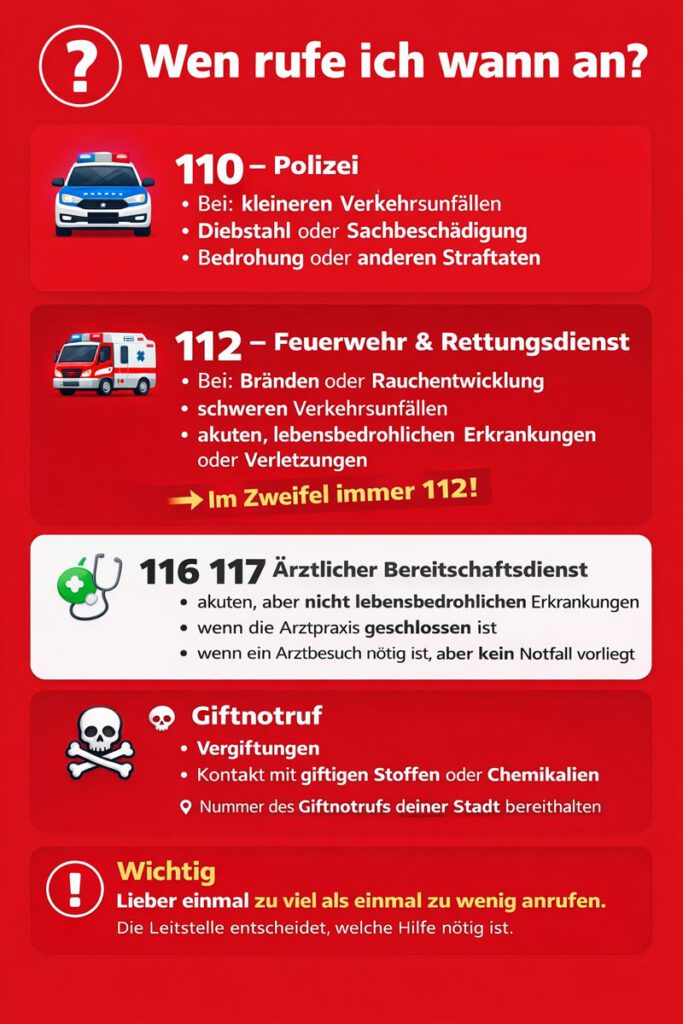 Grafik mit dem Titel „Wen rufe ich wann an?“. Auflistung von Notrufnummern mit Symbolen und Anwendungsbeispielen: 110 Polizei bei kleineren Unfällen, Diebstahl, Bedrohung 112 Feuerwehr & Rettungsdienst bei Bränden, schweren Unfällen, lebensbedrohlichen Notfällen – Hinweis: Im Zweifel immer 112! 116 117 Ärztlicher Bereitschaftsdienst bei nicht lebensbedrohlichen Erkrankungen außerhalb der Praxiszeiten Giftnotruf bei Vergiftungen oder Kontakt mit giftigen Stoffen – Nummer lokal bereithalten Unten Warnhinweis: Lieber einmal zu viel als zu wenig anrufen – die Leitstelle entscheidet!