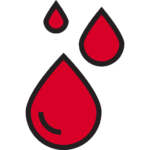 Symbolbild mit drei roten Blutstropfen auf hellem Hintergrund. Das Icon steht für starke Blutung oder Blutverlust.