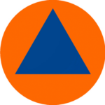 Rundes Warnsymbol des Zivilschutzes: orangefarbener Kreis mit blauem Dreieck in der Mitte. Das Zeichen weist auf Einrichtungen oder Hinweise des Zivilschutzes hin.