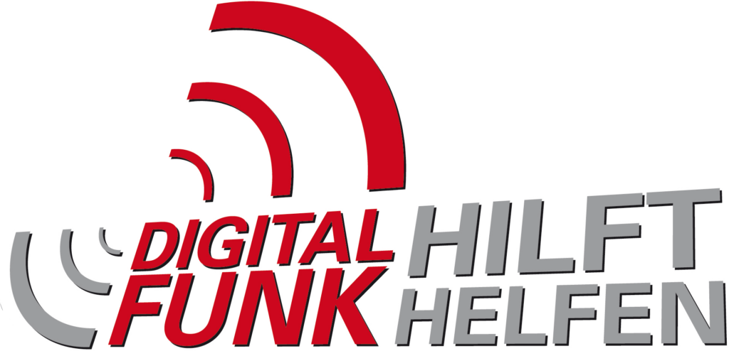 Logo mit Schriftzug „Digitalfunk hilft Helfen“ und stilisierten Funkwellen. Das Symbol steht für den digitalen Behörden- und Organisationsfunk (BOS-Funk).