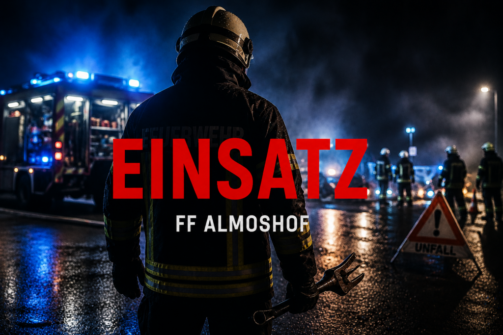 Feuerwehrangehöriger steht bei Nacht an einer Technischen Hilfeleistung; im Hintergrund Einsatzfahrzeuge, Einsatzkräfte und ein Warndreieck auf regennasser Fahrbahn, darüber der Schriftzug „Einsatz FF Almoshof“