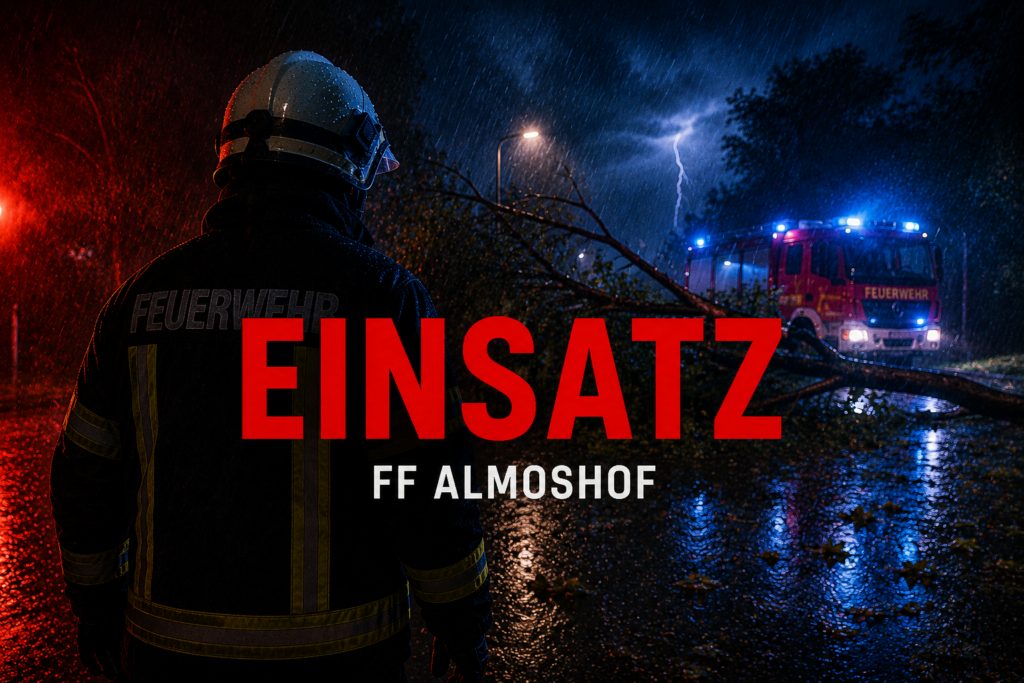 Feuerwehrangehöriger steht bei starkem Regen vor einem umgestürzten Baum auf einer Straße; im Hintergrund ein Feuerwehrfahrzeug mit Blaulicht und ein Blitz am Nachthimmel. Darüber der Schriftzug „Einsatz FF Almoshof“.