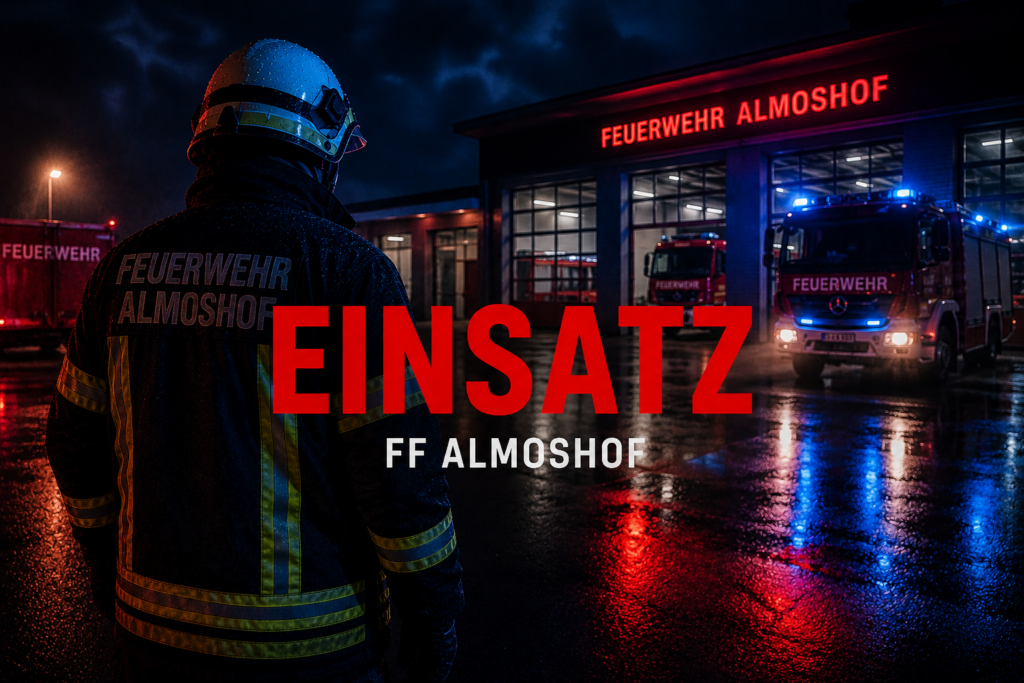 Feuerwehrangehöriger blickt auf das Feuerwehrhaus Almoshof bei Nacht; vor den Fahrzeughallen stehen mehrere Feuerwehrfahrzeuge mit eingeschaltetem Blaulicht. Darüber der Schriftzug „Einsatz FF Almoshof“.